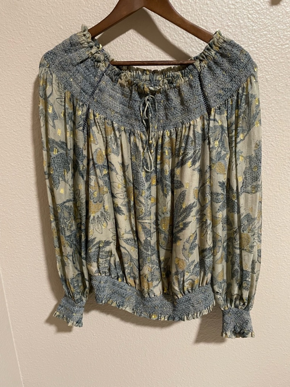 Marchesa Voyage Smocked Off-Shoulder Floral Silk Blouse in Blue and Cream